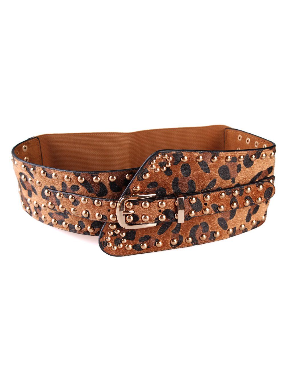 

Punk Rivets Inlaid Metal Buckle Leopard Belt, Camel brown