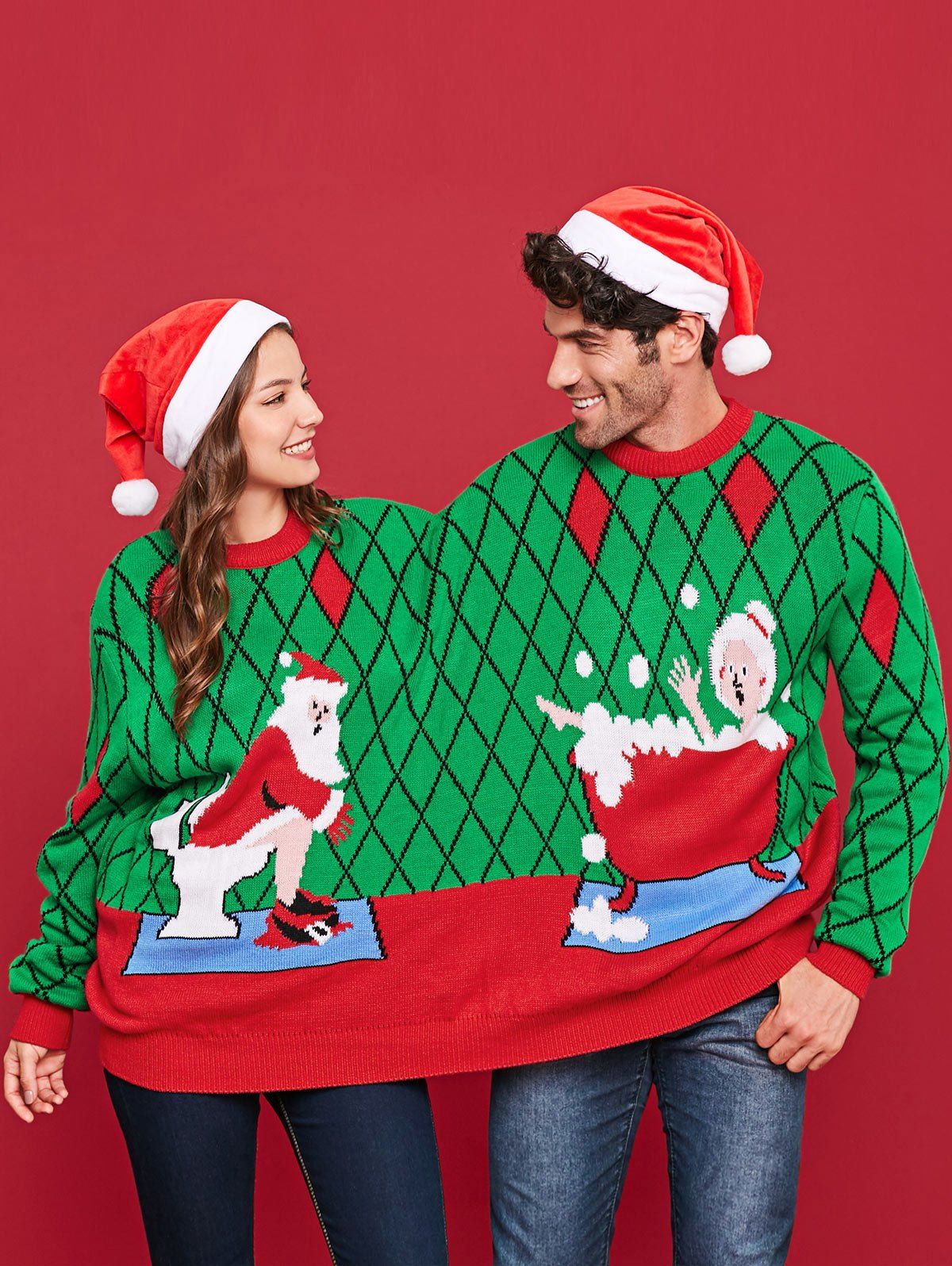 

Funny Jacquard Two Person Christmas Sweater, Green