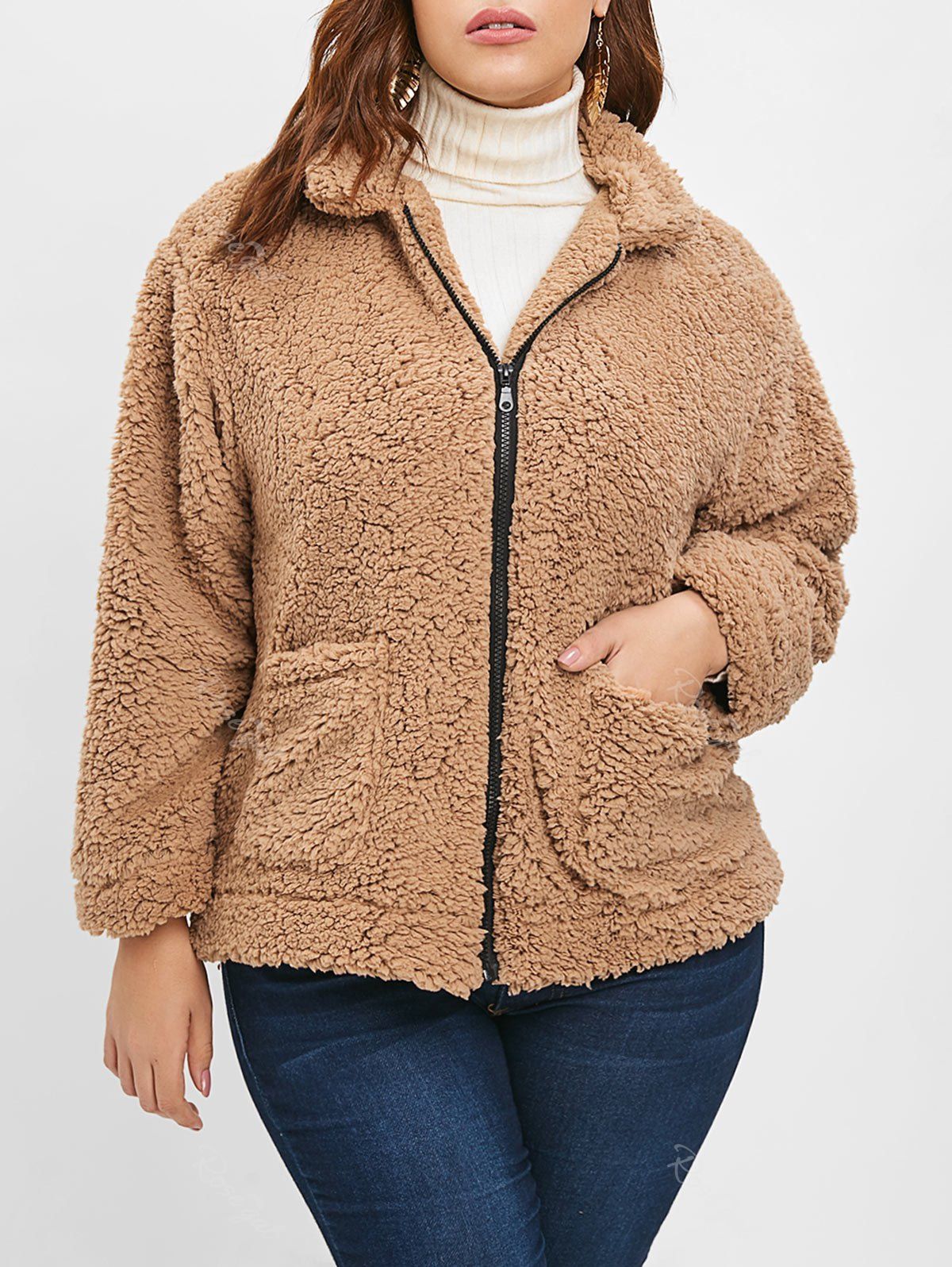 

Plus Size Front Pockets Fluffy Coat, Camel brown