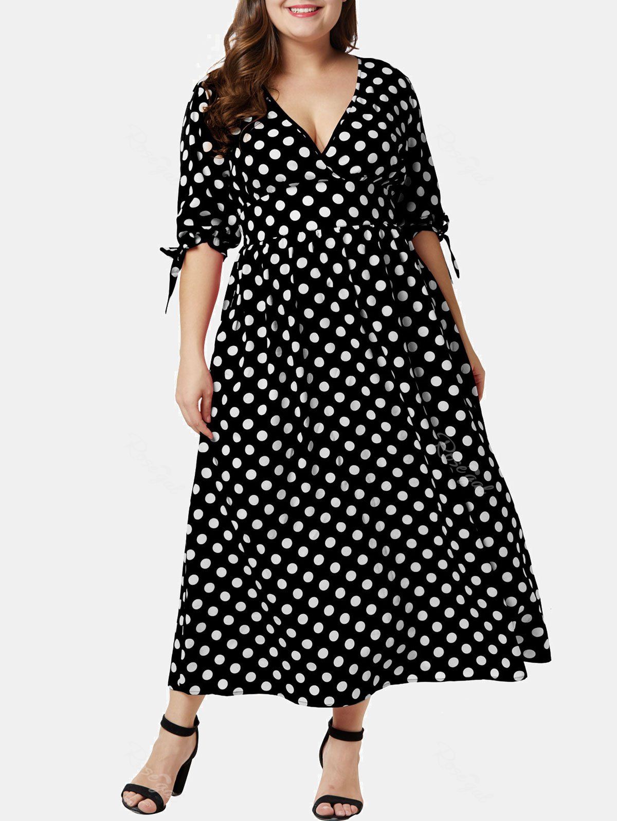 

Plus Size Polka Dot Plunging Surplice Dress, Black