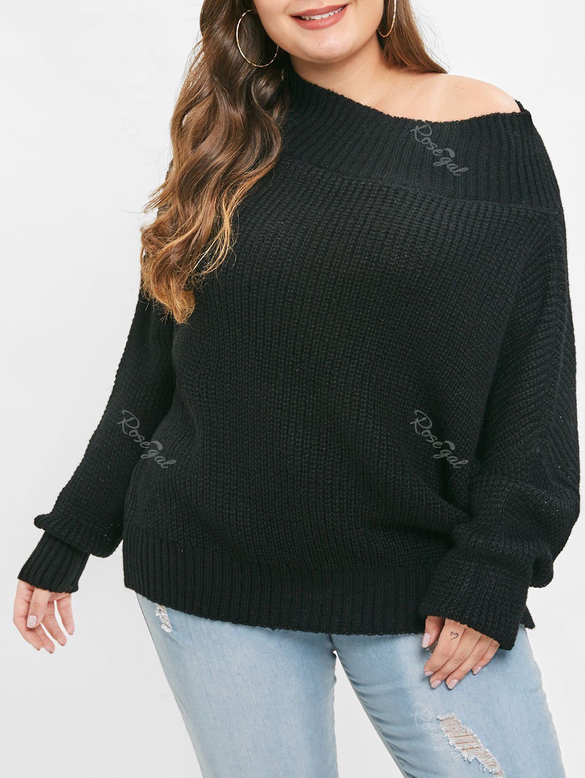 

Skew Neck Plus Size Long Sleeve Pullover Sweater, Black