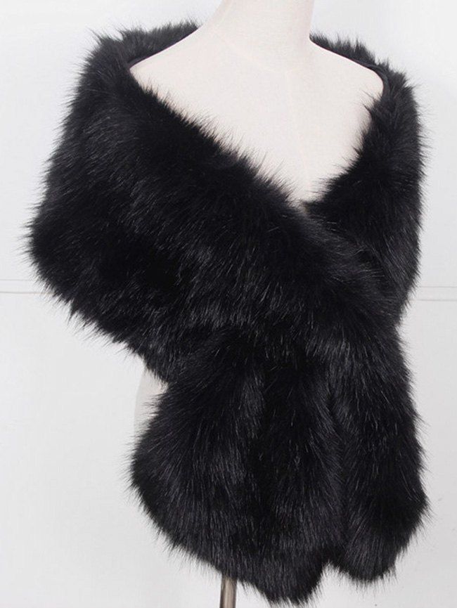 

Faux Fox Fur Thick Shawl Coat, Black