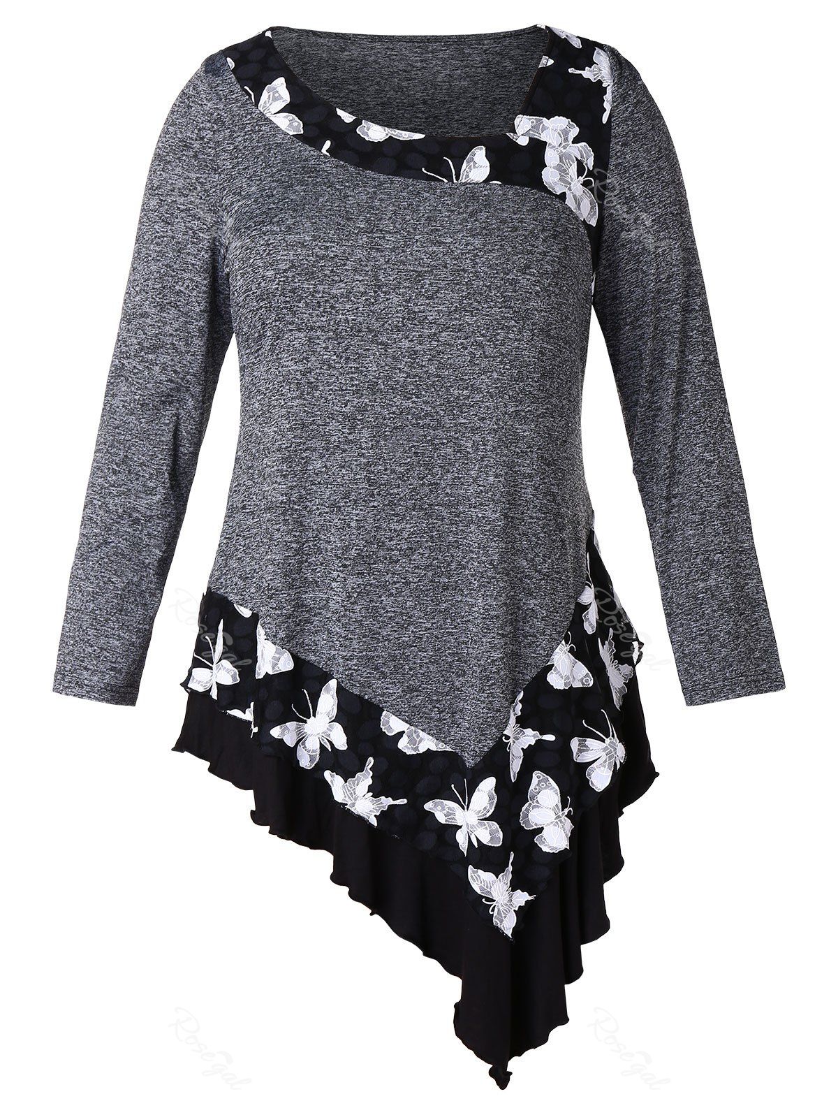

Plus Size Asymmetric Butterfly Pattern T-shirt, Battleship gray