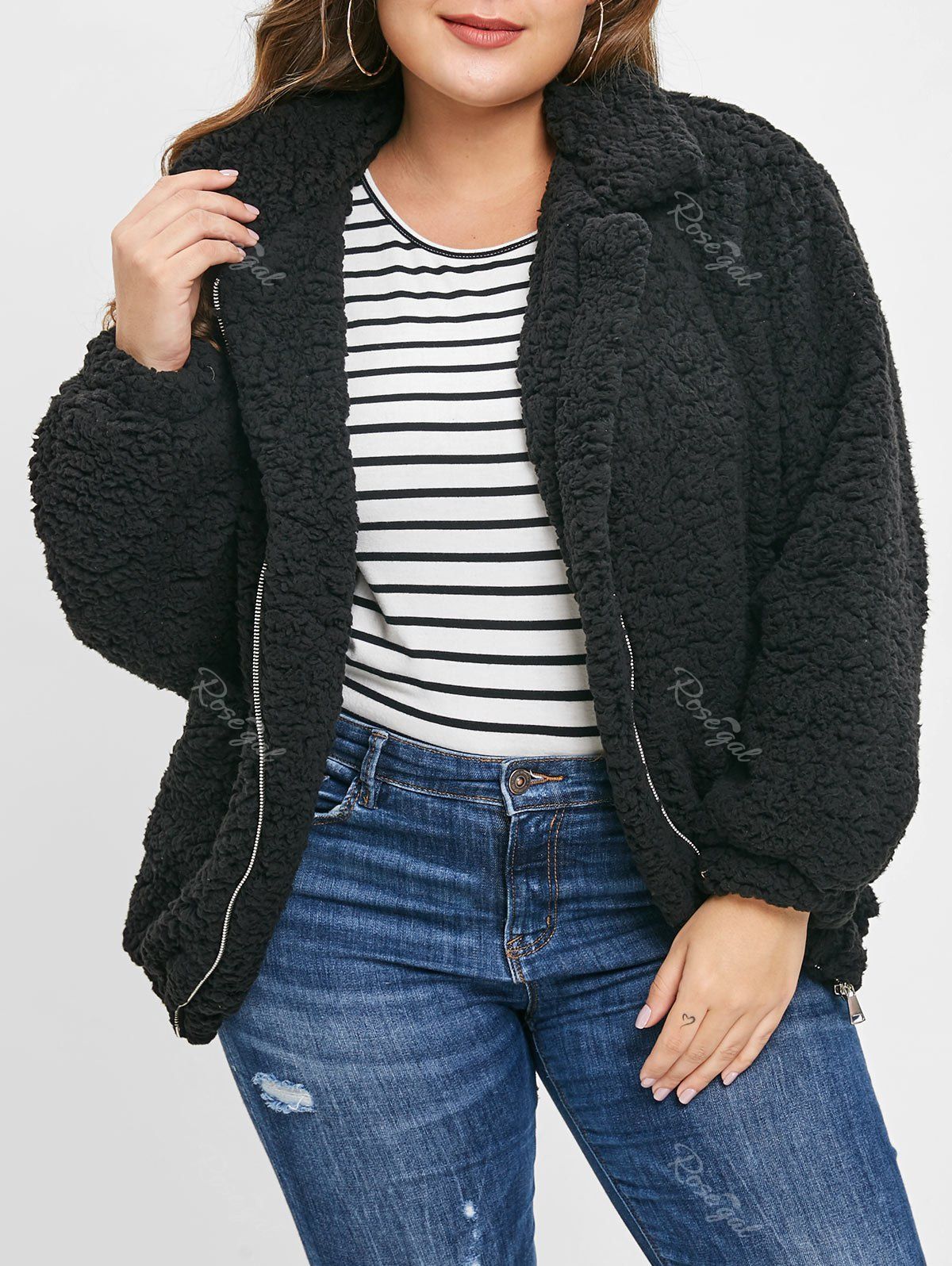 

Plus Size Pockets Zipper Fly Fluffy Coat, Black