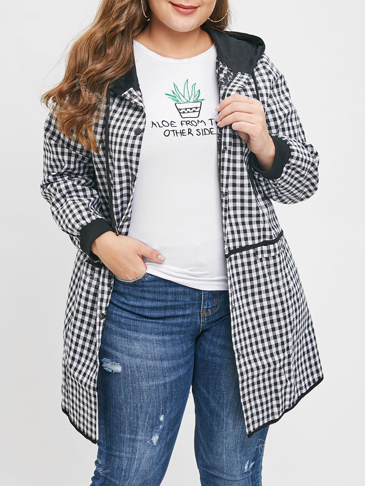 

Plus Size Embroidered Pockets Plaid Hooded Coat, Black