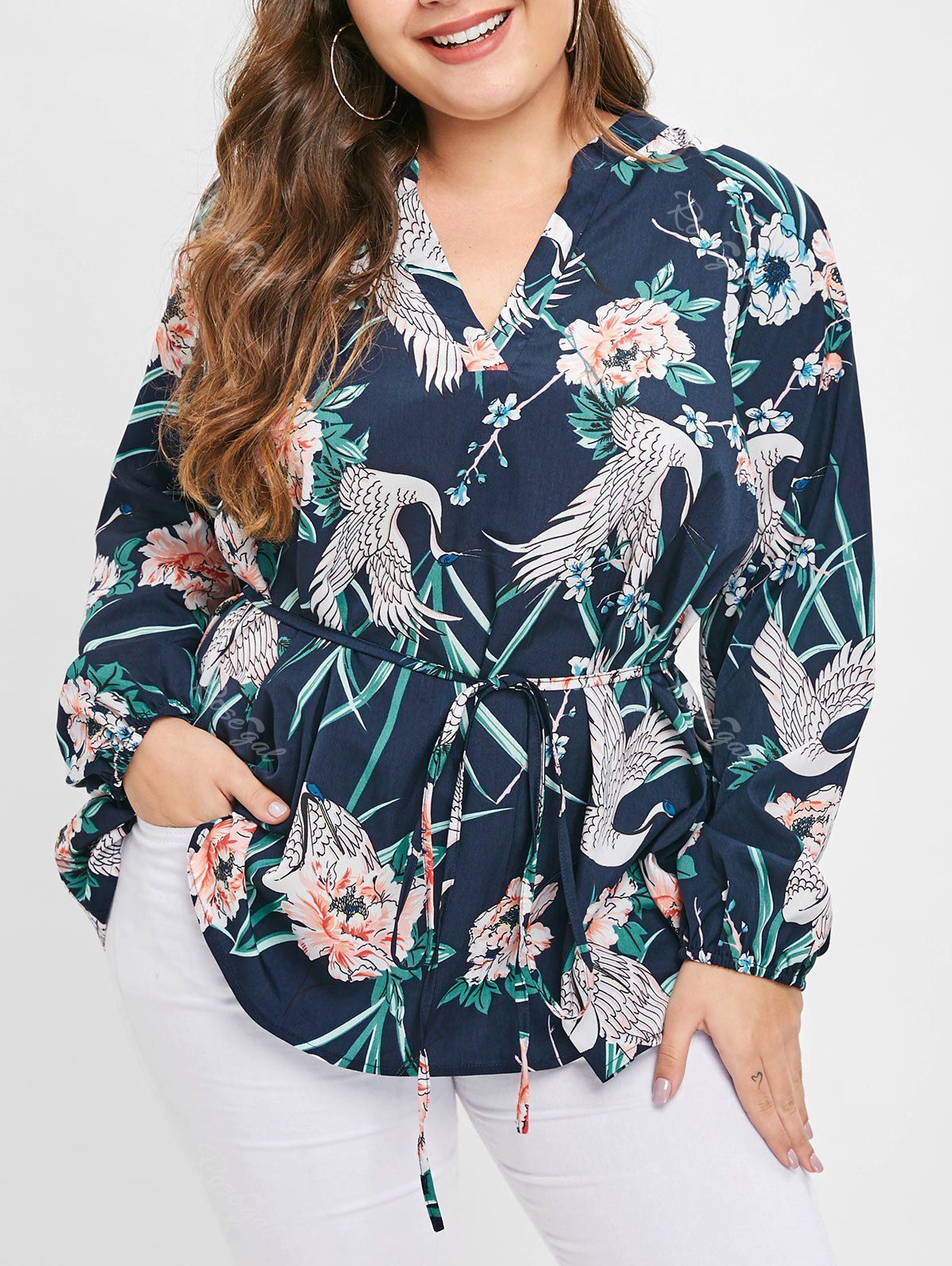 

Plus Size V Neck Floral Belt Top, Deep blue