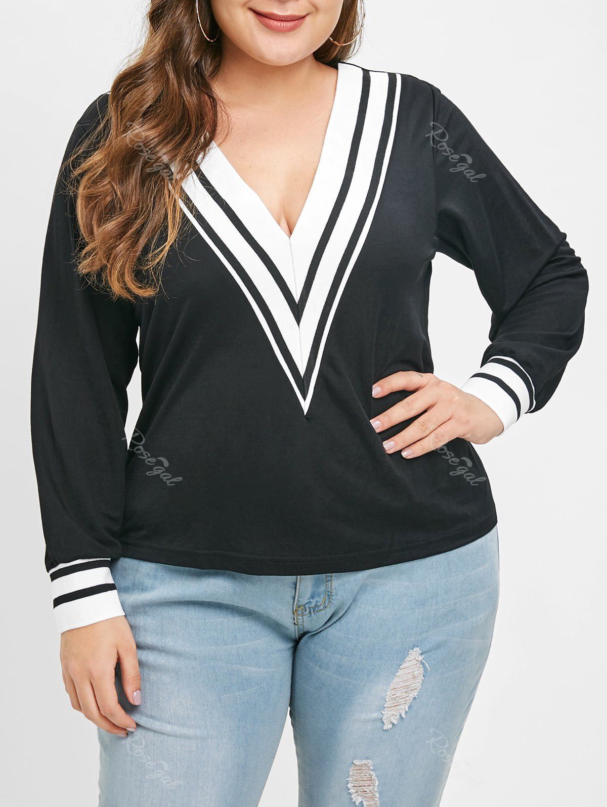 

Plus Size Stripes Long Sleeves Contrast Tee, Black