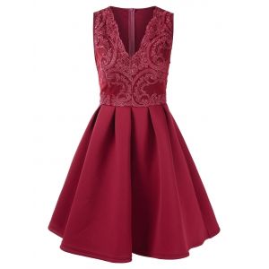

Lace Panel V Neck Fit and Flare Dress, Red