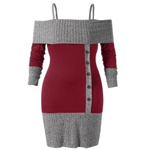 

Plus Size Cold Shoulder Contrast Knit Top, Red wine