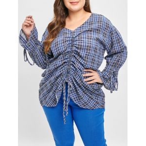 

Plus Size Flare Sleeve Ruched Plaid Blouse, Multi