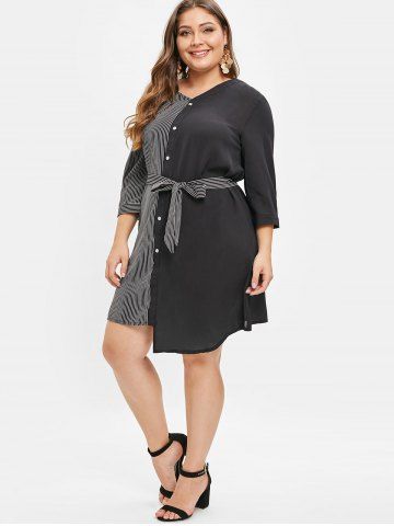 

Plus Size Striped Asymmetric Belt Dress, Black