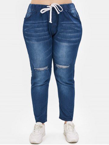

Plus Size Drawstring Jeans with Ripped, Blue