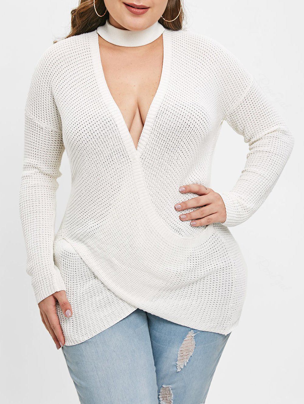 Faux Wrap Plus Size Cut Out Sweater, White