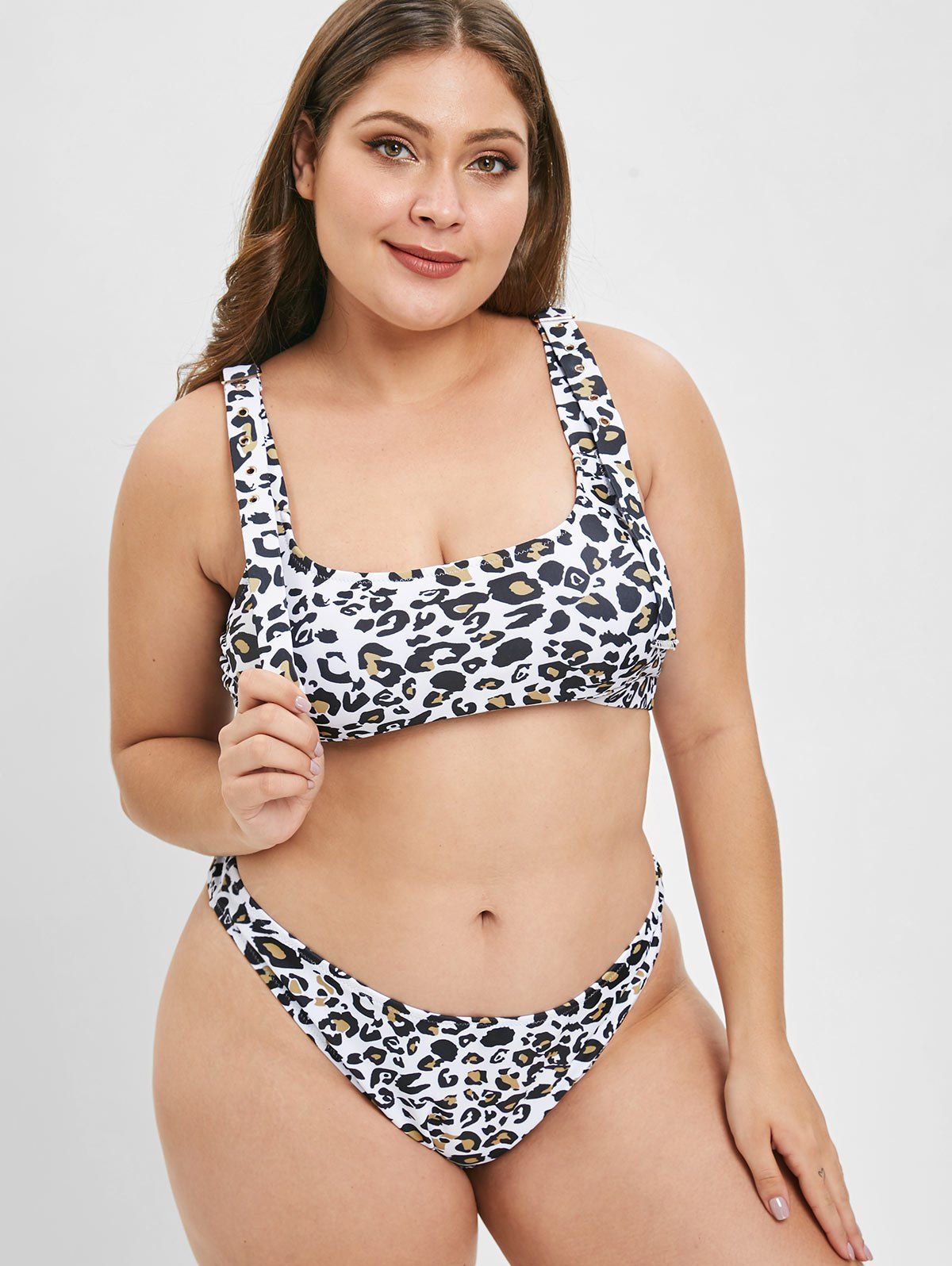 

Leopard Square Neck Plus Size Bikini Set, White