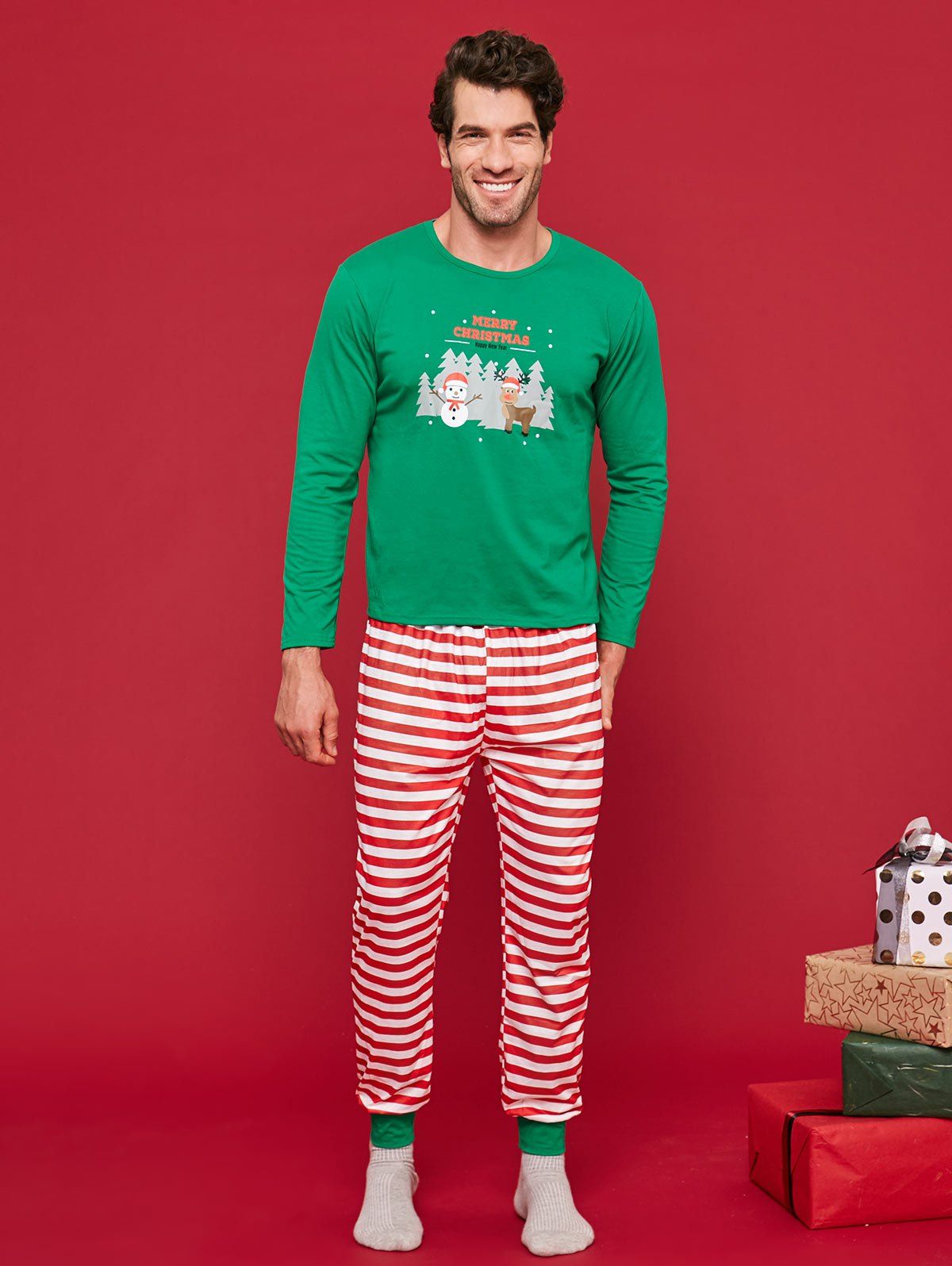 

Tree Snowman Print Striped Family Christmas Pajamas, Light sea green