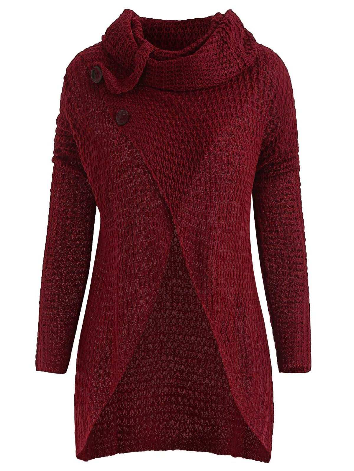 

Cowl Neck Button Asymmetric Hem Sweater, Red wine