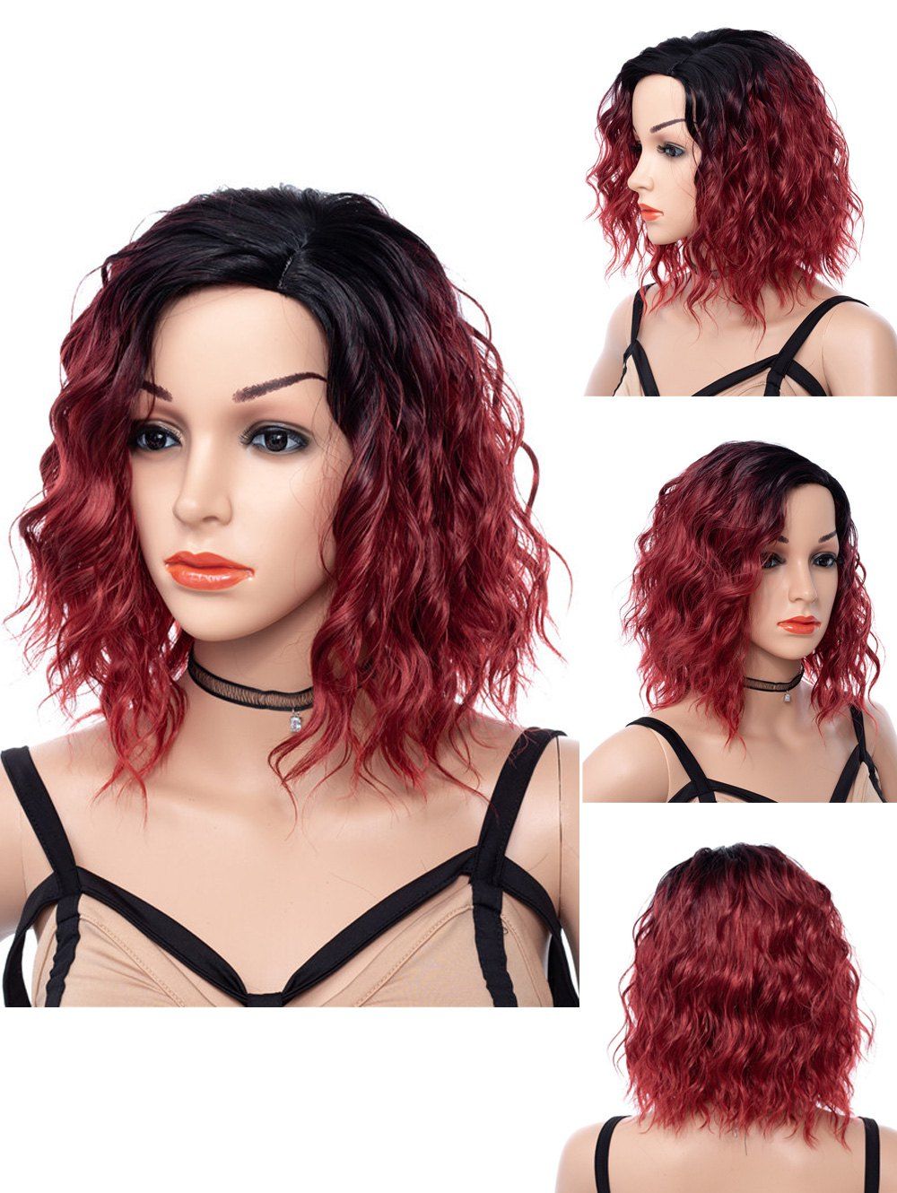 

Short Side Parting Ombre Natural Wavy Synthetic Wig, Red wine