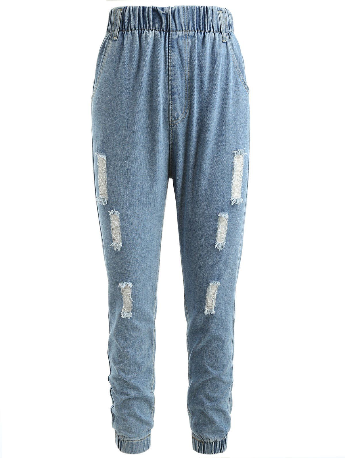 

High Waisted Destroyed Tapered Jeans, Jeans blue