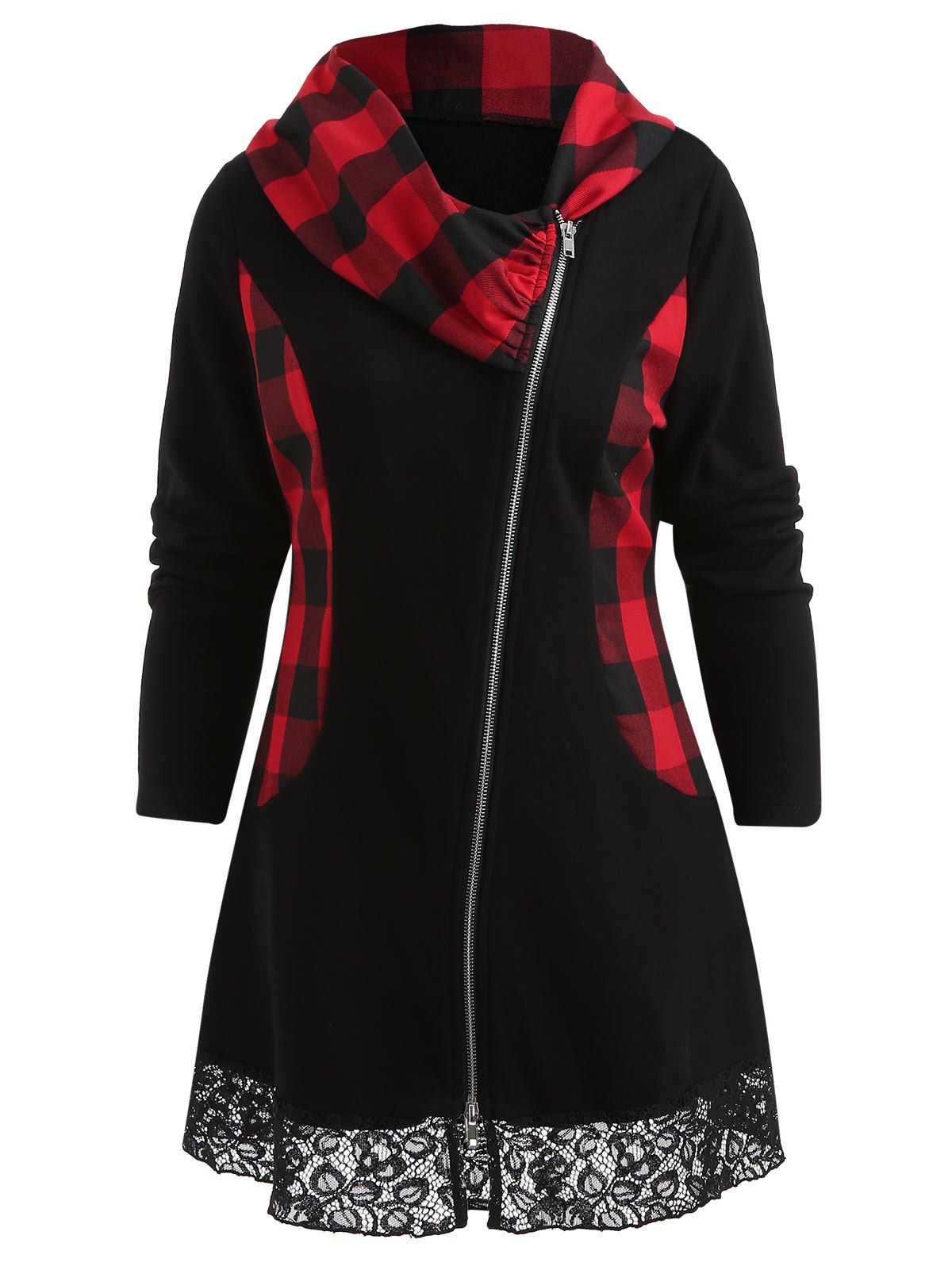 

Plaid Panel Asymmetrical Zip Coat, Black