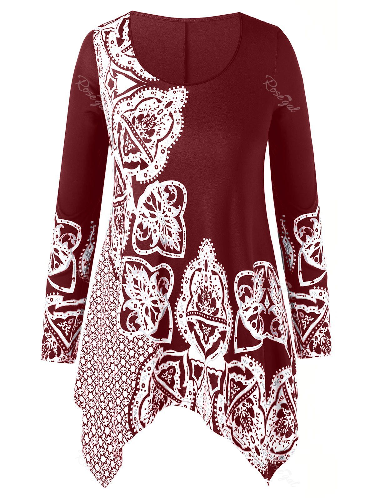 

Asymmetrical Printed Plus Size T-shirt, Red wine