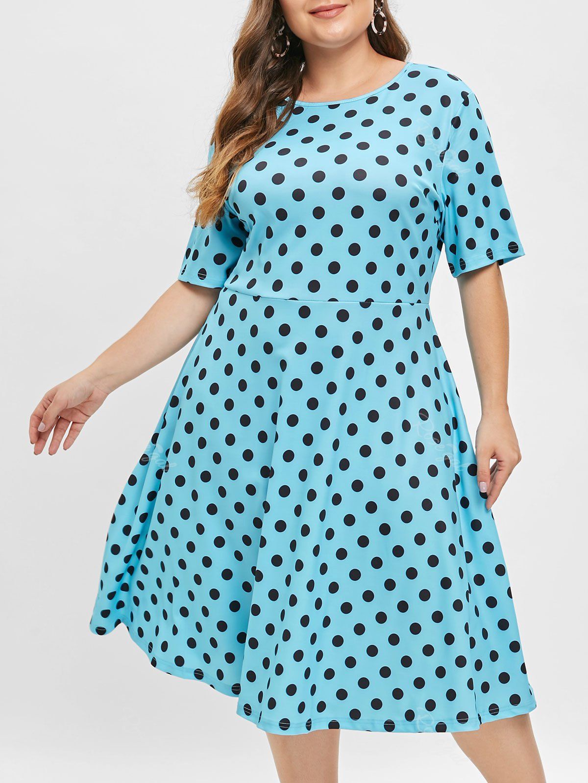 

Polka Dot Plus Size Round Neck A Line Dress, Sky blue
