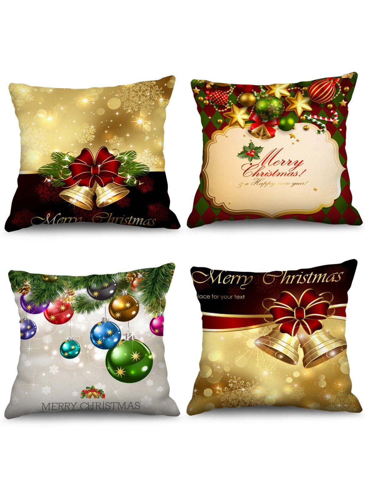 

4PCS Merry Christmas Bell Ball Printed Pillow Cover, Multi