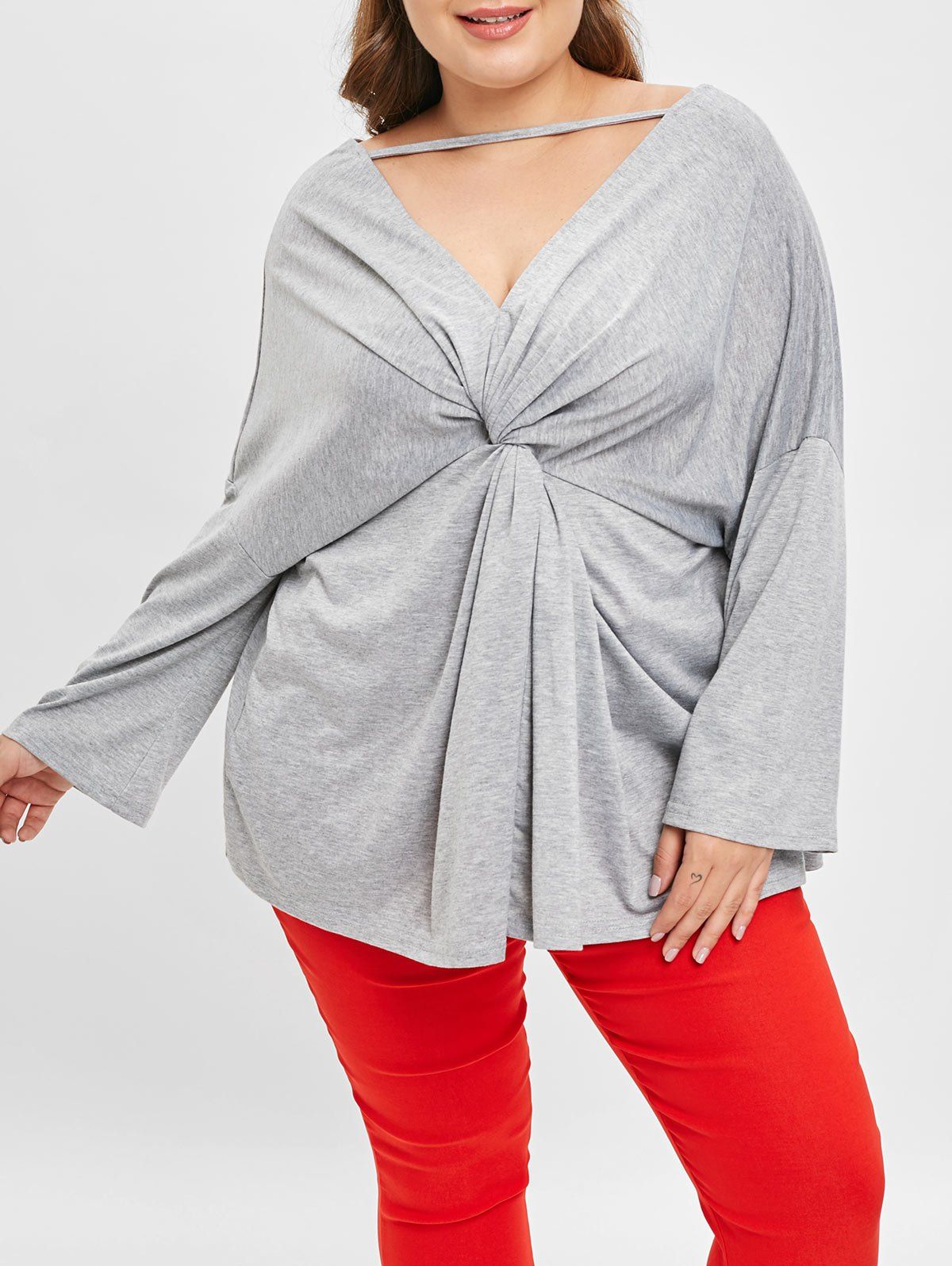 

Plus Size Twist Front Flare Sleeve T-shirt, Light gray