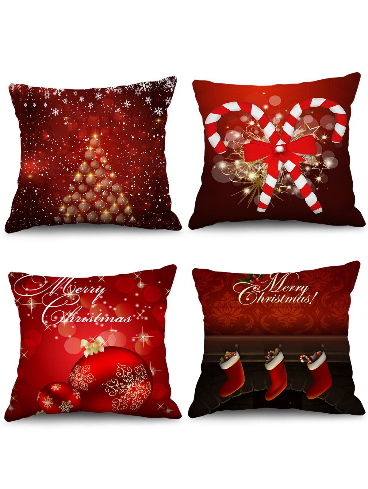 

4PCS Christmas Ball Candy Cane Stocking Printed Pillow Cover, Red wine