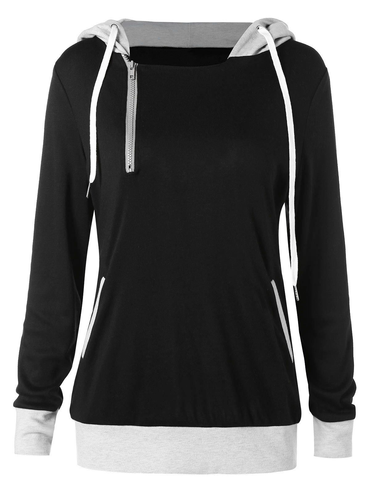

Drawstring Contrast Trim Oblique Zipper Hoodie, Black