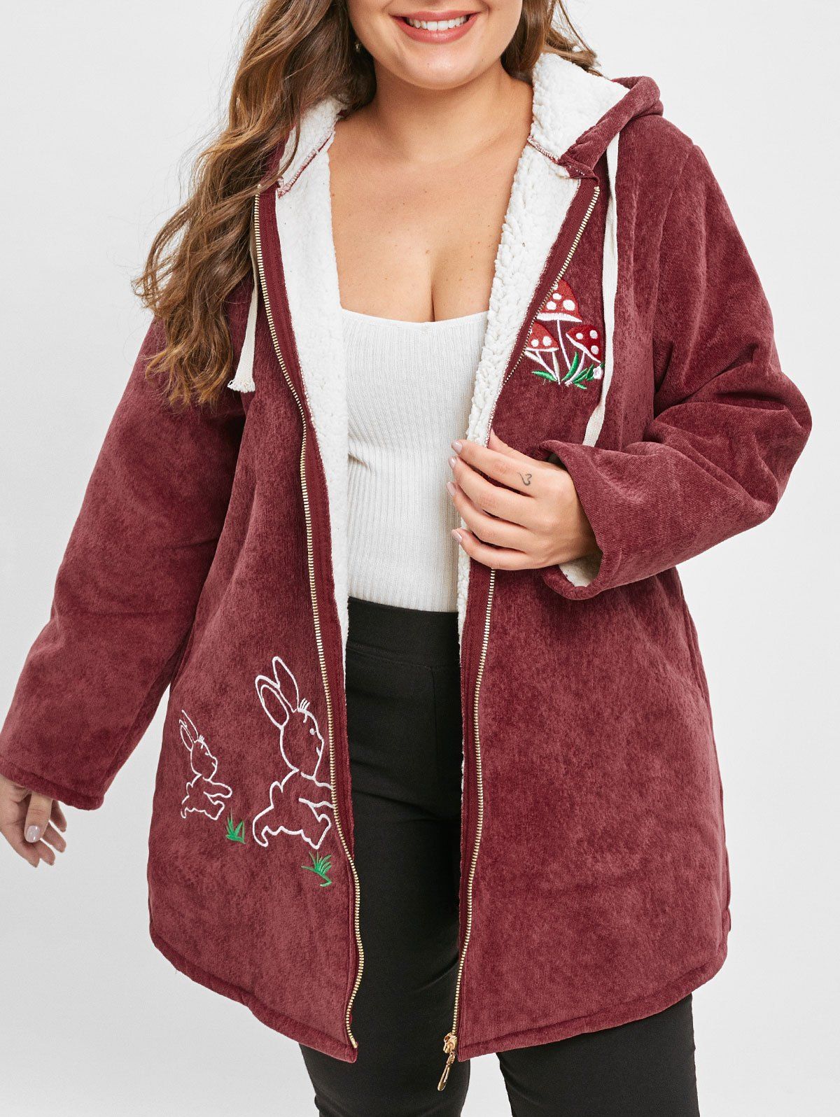 

Plus Size Fleece Corduroy Hooded Coat with Embroidered, Red wine