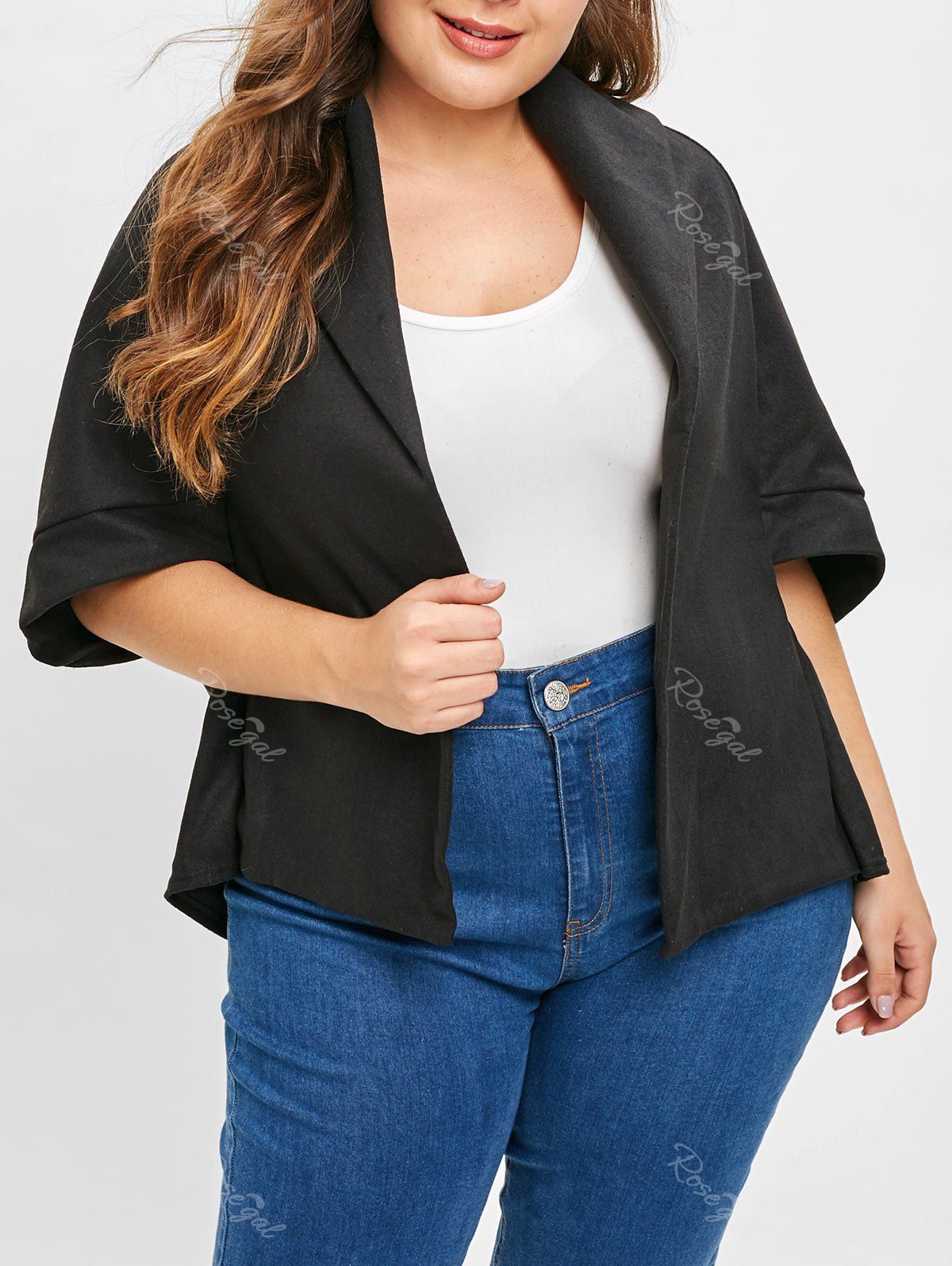 

Plus Size Asymmetric Open Front Coat, Black