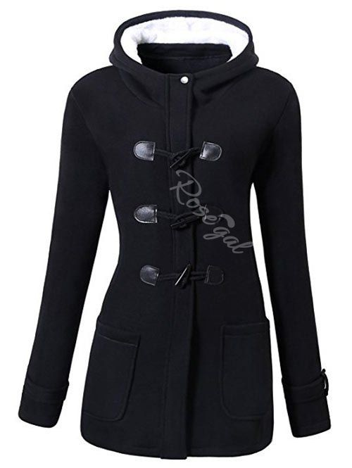 

Plus Size Front Pockets Duffle Coat, Black