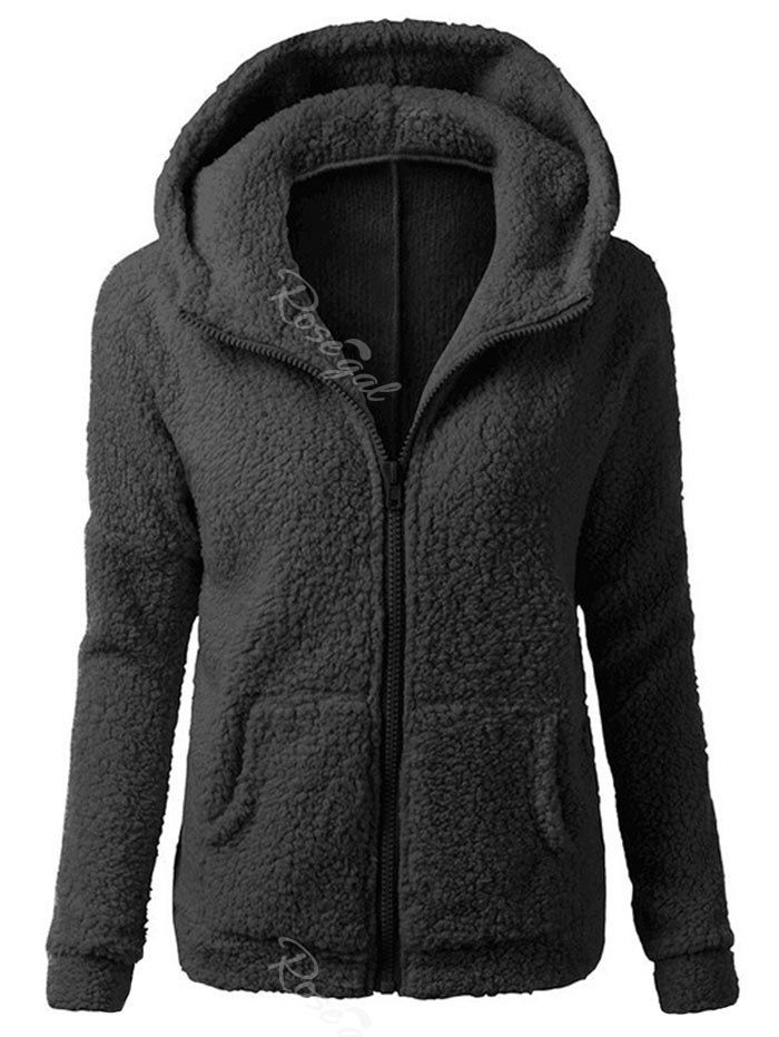 

Plus Size Faux Fur Hooded Zip Coat, Black