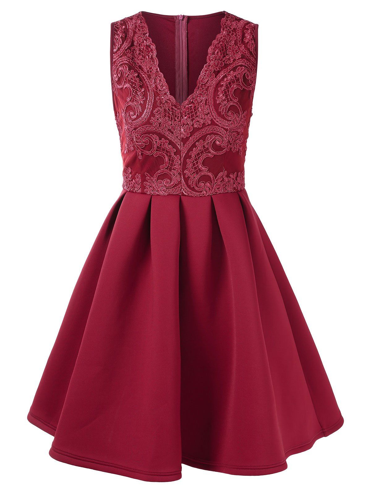 

Lace Panel V Neck Fit and Flare Dress, Red