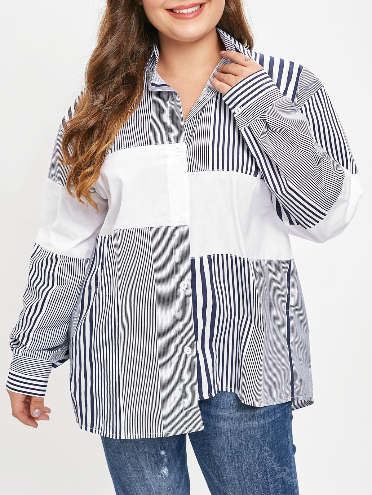 

Plus Size Asymmetric Slit Striped Shirt, Multi