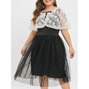 

Plus Size Mesh Panel A Line Dress, White