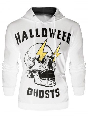 Sweat-Shirt à Capuche avec Imprimé Éclairs et Crâne d'Halloween  - WHITE - M