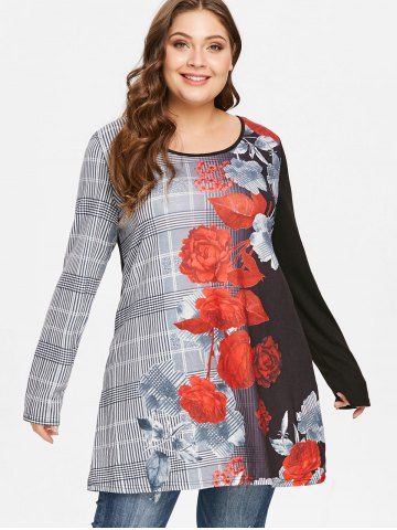 

Plaid and Floral Print Plus Size T-shirt, Black