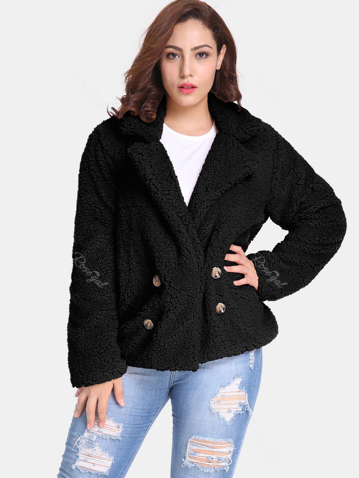 

Double Breasted Plus Size Sherpa Jacket, Black