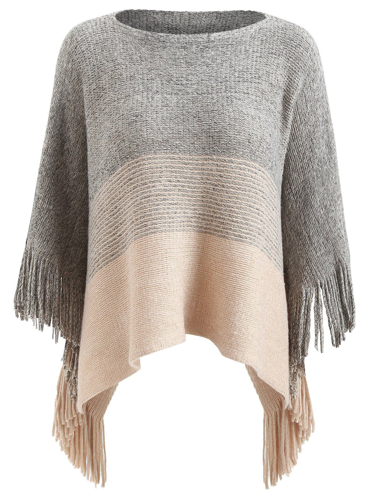 

Contrast Color Fringe Cape Sweater, Light gray