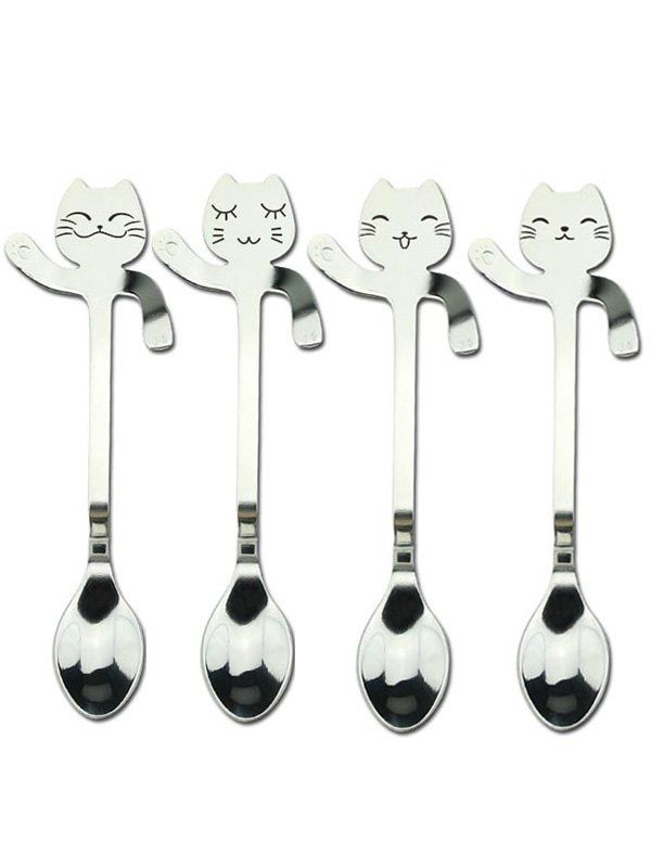 

4PCS Cat Pattern Stainless Steel Spoon, Silver