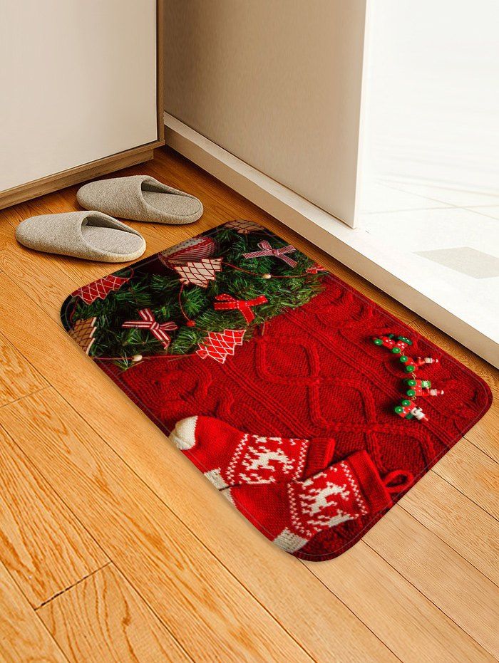 

Christmas Tree Stocking Printed Flannel Floor Mat, Red