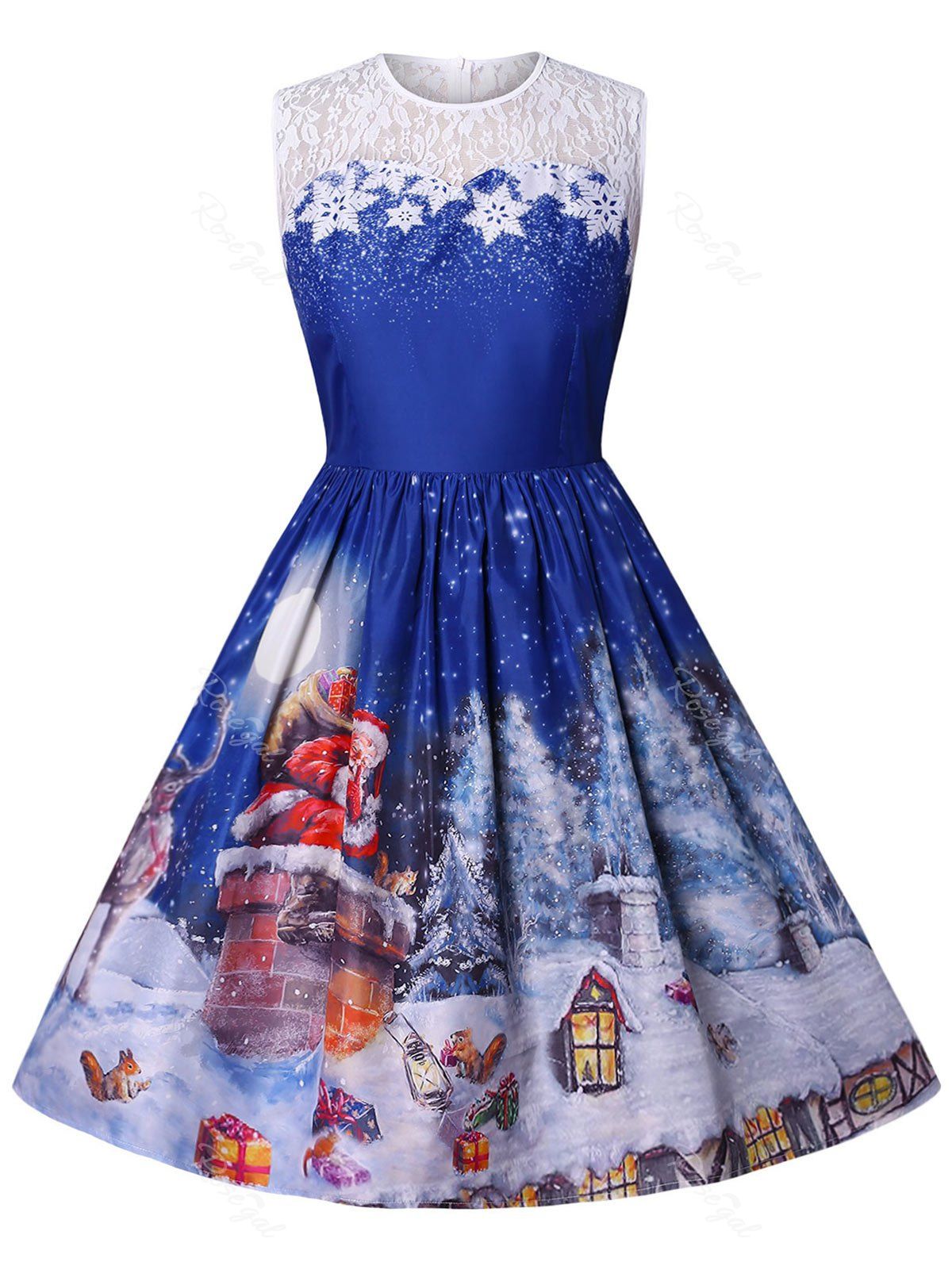 

Lace Panel Plus Size Christmas Print Vintage Dress, Multi