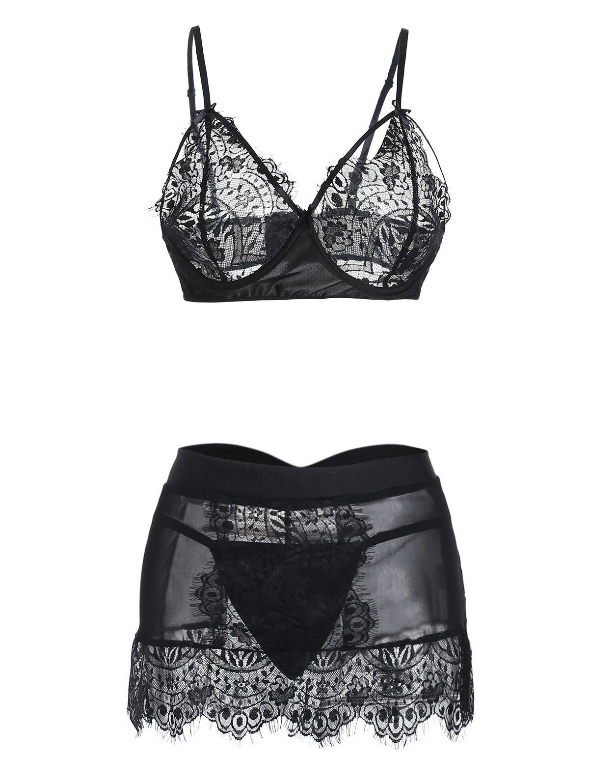 

Underwire Plus Size Eyelash Lace Panel Lingerie Set, Black