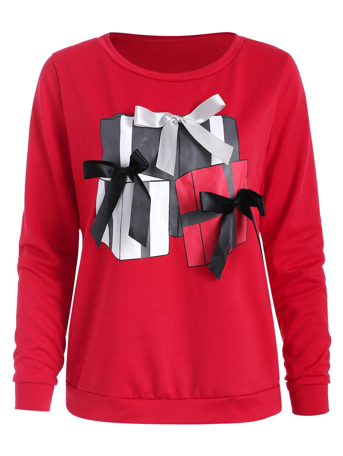 

Christmas Gift Print Bowknot Sweatshirt, Red