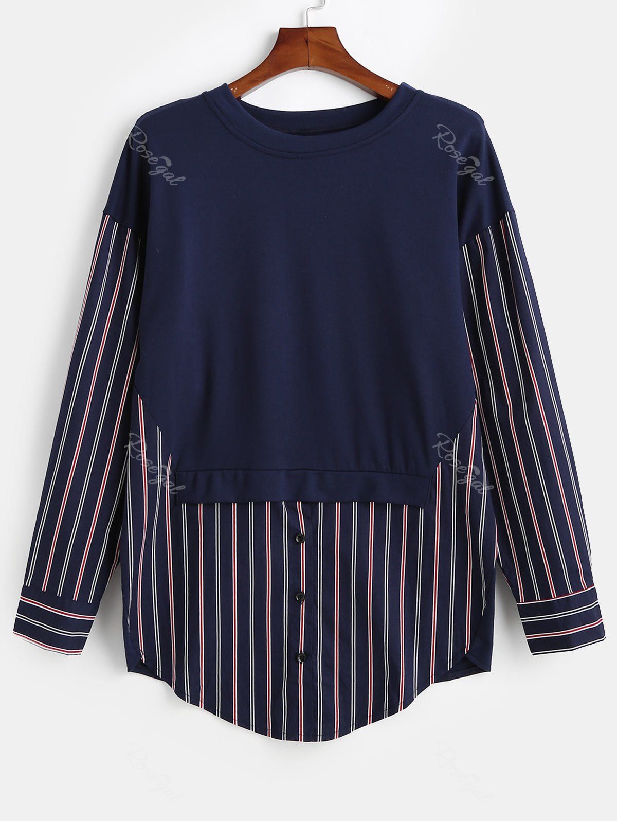 

Plus Size Striped Panel Faux Two Piece Shirt, Midnight blue