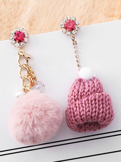 

Asymmetry Fluffy Ball Design Rhinestone Earrings, Pink