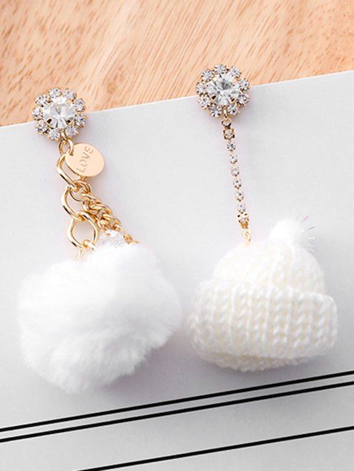 

Asymmetry Fluffy Ball Design Rhinestone Earrings, White