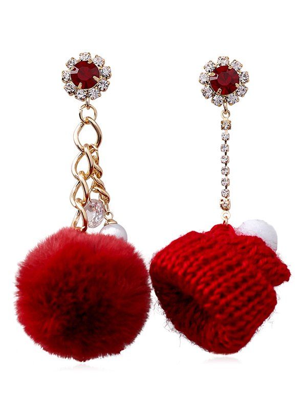 

Asymmetry Fluffy Ball Design Rhinestone Earrings, Red