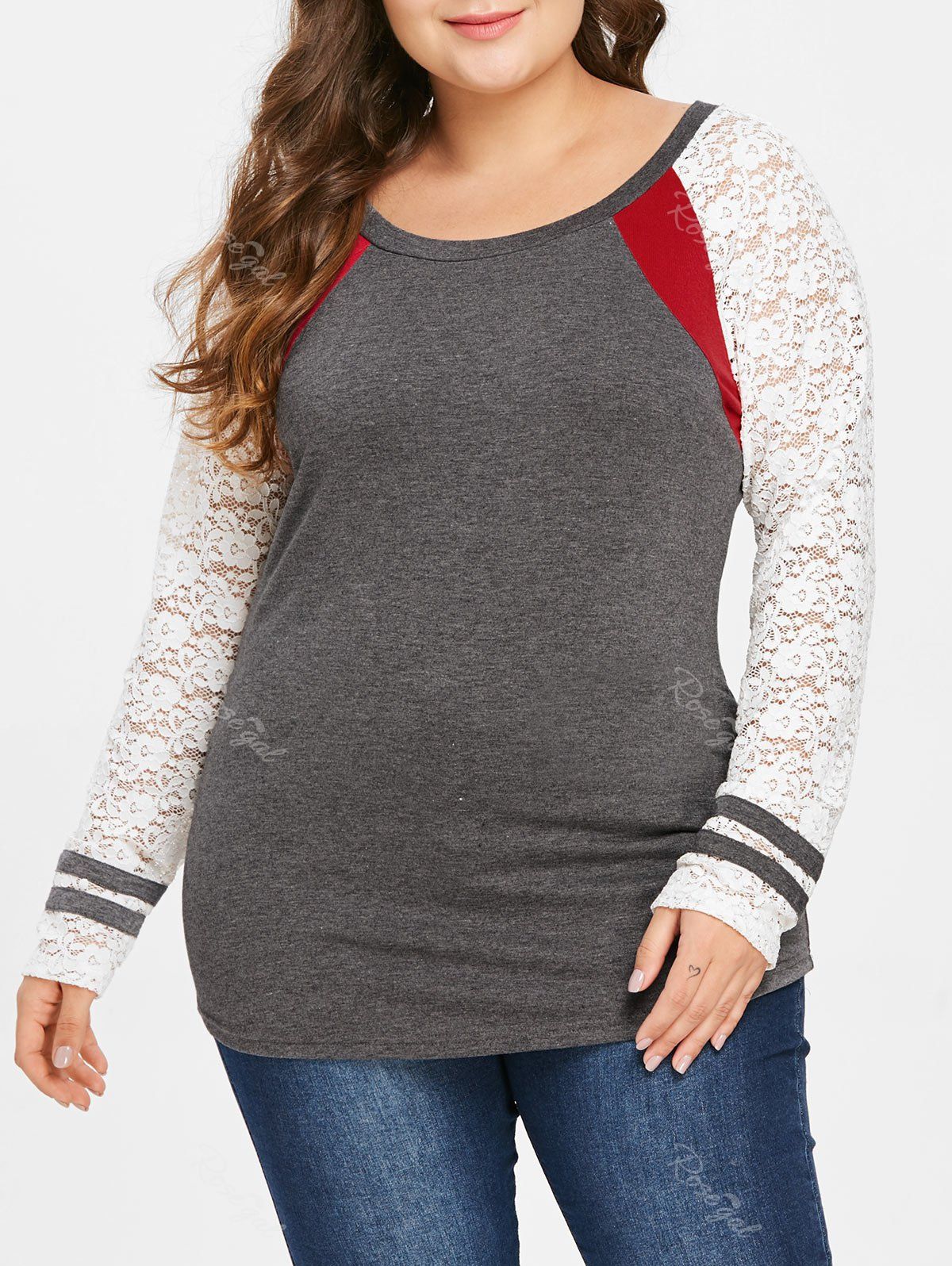 

Plus Size Color Block Top with Lace Panel, Multi